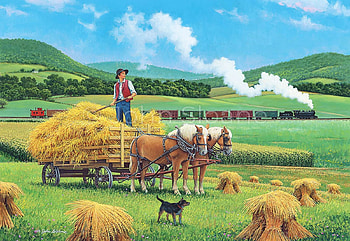 Whistle on the Wind, dog, horses, wagon, painting, harvest, train, steam HD wallpaper