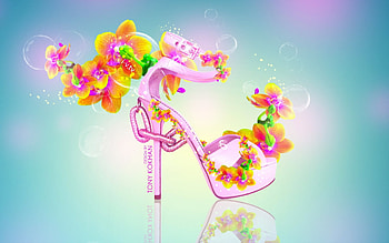 Dreamy shoe, pink, creative, fantasy, tony kokhan, flower, shoe, orchid, orange HD wallpaper