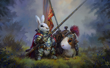 Don Quijote and Sancho Panza, white, art, cute, armor, bunny, Don Quijote, fantasy, guinea pig, funny, Sancho Panza, rabbit HD wallpaper