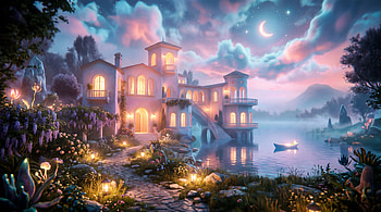 Villa, Mansion, Lake, Boat, Moon HD wallpaper