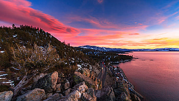Lenticular Sunset View Atop Cave Rock at Lake Tahoe, Nevada, landscape, clouds, colors, sky, rocks, water, usa, reflections, stones HD wallpaper