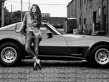 Jessica Alba, model, black white, , 2016, beautiful, actress, corvette, jeans, Alba, Jessica HD wallpaper