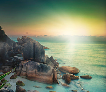 Sunset, coast, dawn, rocks HD wallpaper