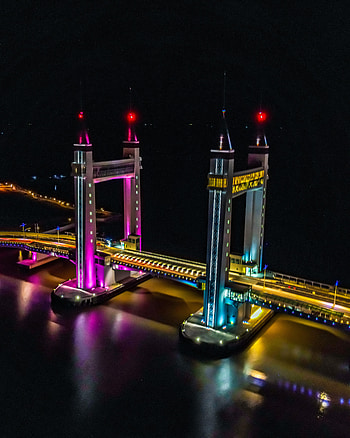 Water, Night, Dark, Bridge, Neon, Backlight, Illumination HD phone wallpaper