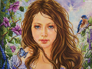 In Her Garden, butterflies, birds, fantasy, garden, flowers, girl HD wallpaper