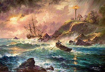 The Rescue, sea, artwork, boat, lighthouse, ship, painting, cliff, rocks HD wallpaper
