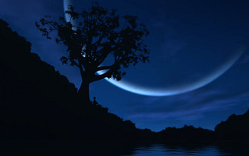 reverie, blue, sky, moon, tree HD wallpaper