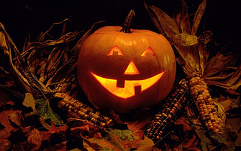Happy Halloween, autumn, corn cobs, pumpkin, light HD wallpaper