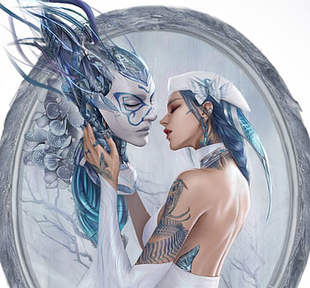 Fantasy couple, blue, white, dashxxxx, man, girl, lovers, fantasy, couple, cyber, kiss, romantic HD wallpaper