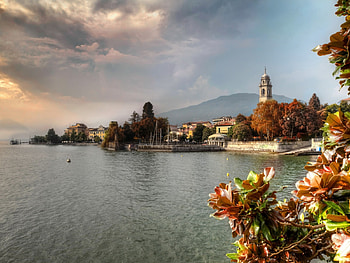 Pallanza City,Italy, river, city, italy, pallanza, houses, clouds, nature, flowers, sky HD wallpaper