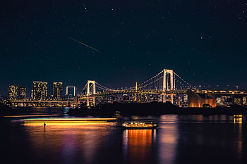 Bridge, city, dark sky, blur reflections, night HD wallpaper