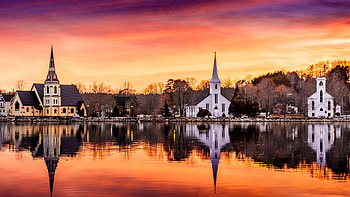 Buildings Chapel Trees Houses Under Purple Yellow Sky During Sunset Reflection On River Nature HD wallpaper