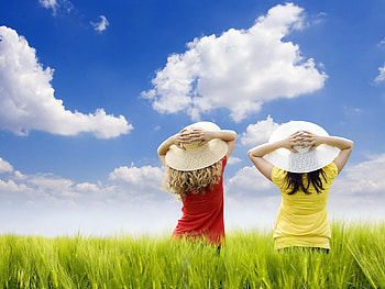 Girls in the Field, happy, girl, sky, field HD wallpaper