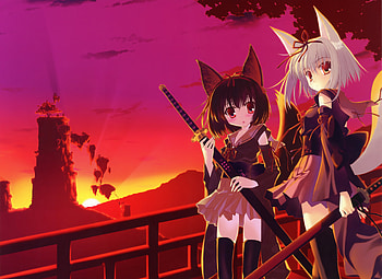 Samurai Foxgirls/Neko, nanao naru, cute, dress, foxgirl, beauty, original, sunset, sexy, sword, school girls, thigh highs, hot, beautiful, tail, beauties, anime girls, kokonobi, neko, animal ears, catgirls, weapon HD wallpaper
