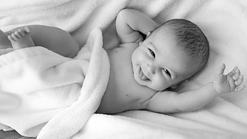 Cute, Black And White, White, Towel, Cloth, Smile, Baby, Newborn, Tongue Out Cute HD wallpaper