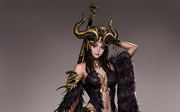 Demoness, fantasy, golden, black, horns, thatlight, girl, demon HD wallpaper