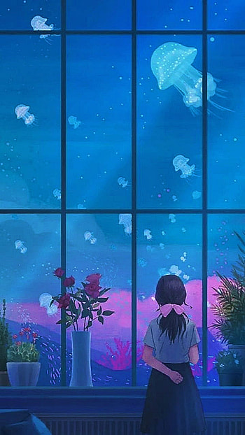 Aquarium, sky, world, jellyfish, underwater, girl, anime, sea HD phone wallpaper