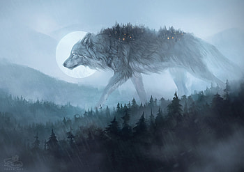 Guardian, night, frumusete, hallowern, wolf, superb, mist, moon, fantasy, luna, luminos, lup, giant, girgeous, luminis, vexim hide HD wallpaper