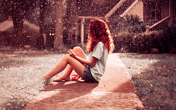Red Head Women Barefoot Sitting Outside, redhead, girls, model HD wallpaper