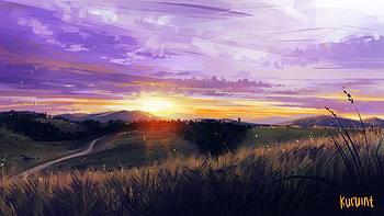 Landscape, Sunset, Grass, Art, Mountains HD wallpaper