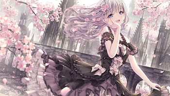 Blue Eyes Anime Girl With Black Dress Blossom Flowers Trees Background Anime Girl HD wallpaper