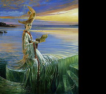 Michael Cheval - Moon Godess, blue, sea, art, surrealist, girl, woman, painting, michael cheval, green, moon godess, water HD wallpaper