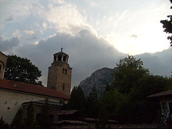 Church, architecture, tree, mountain, roof, religious, light, sin, tower, bulgaria, clouds, sky, , vratza, grpahy HD wallpaper