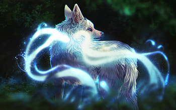 Nine-tailed fox, blue, animal, white, vulpe, ahri, nine tailed, fox, definedead, fantasy, luminos HD wallpaper