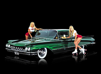 Buick, girls, car, green HD wallpaper