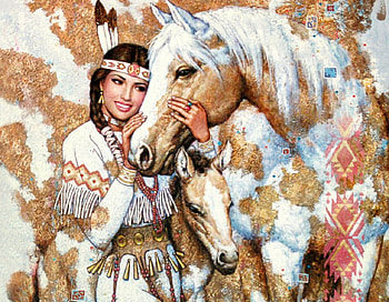 Tenderness by Karl Bang, blue, tenderness, animal, horse, indian, beauty, feather, painting, white, karl bang, art, smile, girl, woman, native, carpet, pink, yellow HD wallpaper
