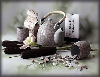 China set, creamer, asian, bag, kettle, chinese, characters, cup, china, slate, writings, pebbles, nature, teapot HD wallpaper
