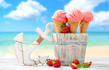 Strawberry Ice Cream, island, strawberry, graphy, vacation, beach, holiday, season, abstract, fruit, bucket, , sun, isle, ocean, sunshine, sea, anchor, cold, ice cream, SkyPhoenixX1, clouds, sky, ice HD wallpaper