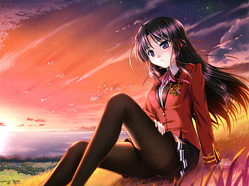Kuze Kiriha, anime, clouds, sky, grass, long hair, sunset HD wallpaper
