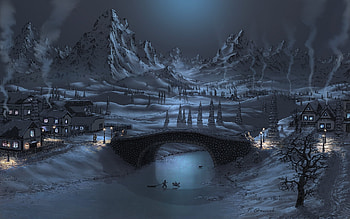 Bridge in winter, blue, winter, frozen, lake, fel x, fantasy, moon, iarna, bridge, luna, luminos, water, ice HD wallpaper
