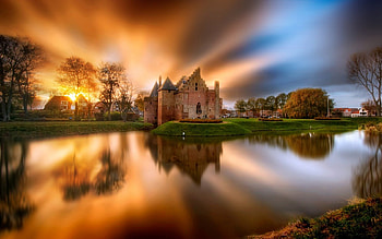 Castle-lake-sunset-Netherlands, sky, nature, castle, sunset, lake, netherlands, architecture, graphy, beauty, reflection, clouds HD wallpaper