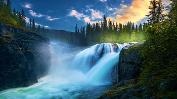 Rjukandefossen Waterfall, Hemsedal, Norway, river, clouds, cascades, trees, sky, rocks, sunset HD wallpaper