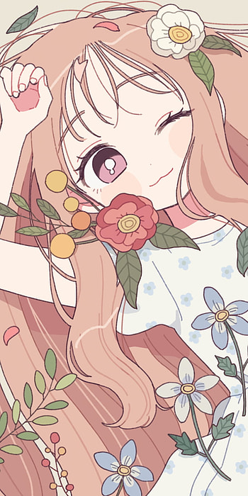 Winking Anime Girl with Purple Eyes and Floral Brown Hair – Perfect , purple eyes, long hair, flower, brown hair, Anime, girl, anime girl HD phone wallpaper