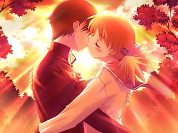 sunset kiss, couple, sunsite, anime HD wallpaper