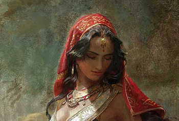 Fatima, art, girl, gipsy, daeyoon huh, painting, fantasy, pictura, portrait, red, luminos HD wallpaper