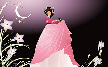 Beauty under the moon, night, japanese, kimono, asian, art, girl, geisha, woman, purple, pink, moon, flower, luna, vector HD wallpaper