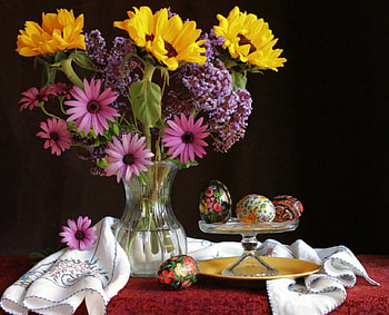 Still life, Easter, flowers, cloth, eggs HD wallpaper