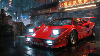 Red Lamborghini Countach In Cyberpunk City, red, lamborghini-countach, cyberpunk, city, artist, artwork, art, digital-art, ai HD wallpaper