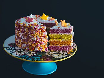 Cake, blue, sweet, black, dessert, slice, food, pink, yellow HD wallpaper