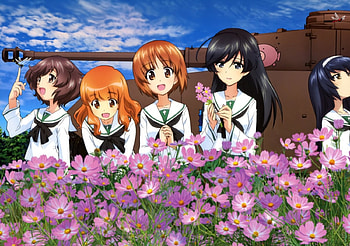 ~Girls und Panzer~, nishizumi miho, reizei mako, takebe saori, akiyama yukari, Girls und Panzer, anime, group, girls, flowers, sky, isuzu hana, friends HD wallpaper