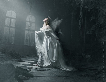 Angel, dark, wings, l saveljeva, white, fantasy, girl HD wallpaper