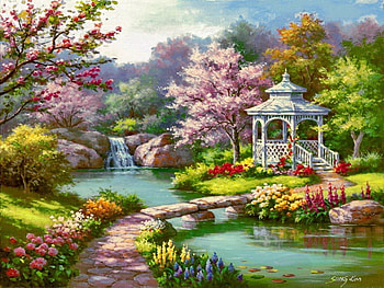 Spring gazebo, Spring, Shore, Footbridge, Stream HD wallpaper