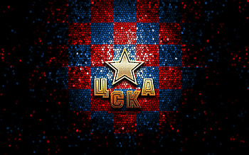 CSKA Moscow, glitter logo, KHL, red blue checkered background, hockey, Kontinental Hockey League, CSKA Moscow logo, mosaic art, russian hockey team HD wallpaper