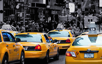 Taxi in the city, Yellow, City, Transport, Buildings, Black, Taxi, Cars HD wallpaper