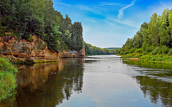 River Gauja in Latvia, trees, river, Latvia, rocks HD wallpaper