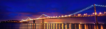 San Francisco Oakland Bay Bridge, Night reflections in blue HD wallpaper